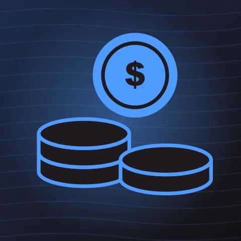 First deposit at TrueBlue Casino Australia Stack of coins marked with a dollar sign for a first deposit at TrueBlue Casino Australia